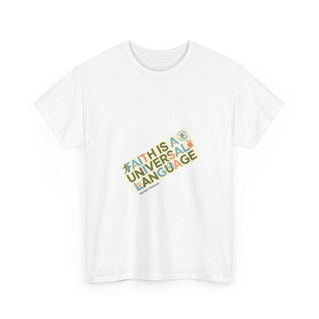 T-Shirt — "Faith Is A Universal Language" Retro Rainbow Text Tee
