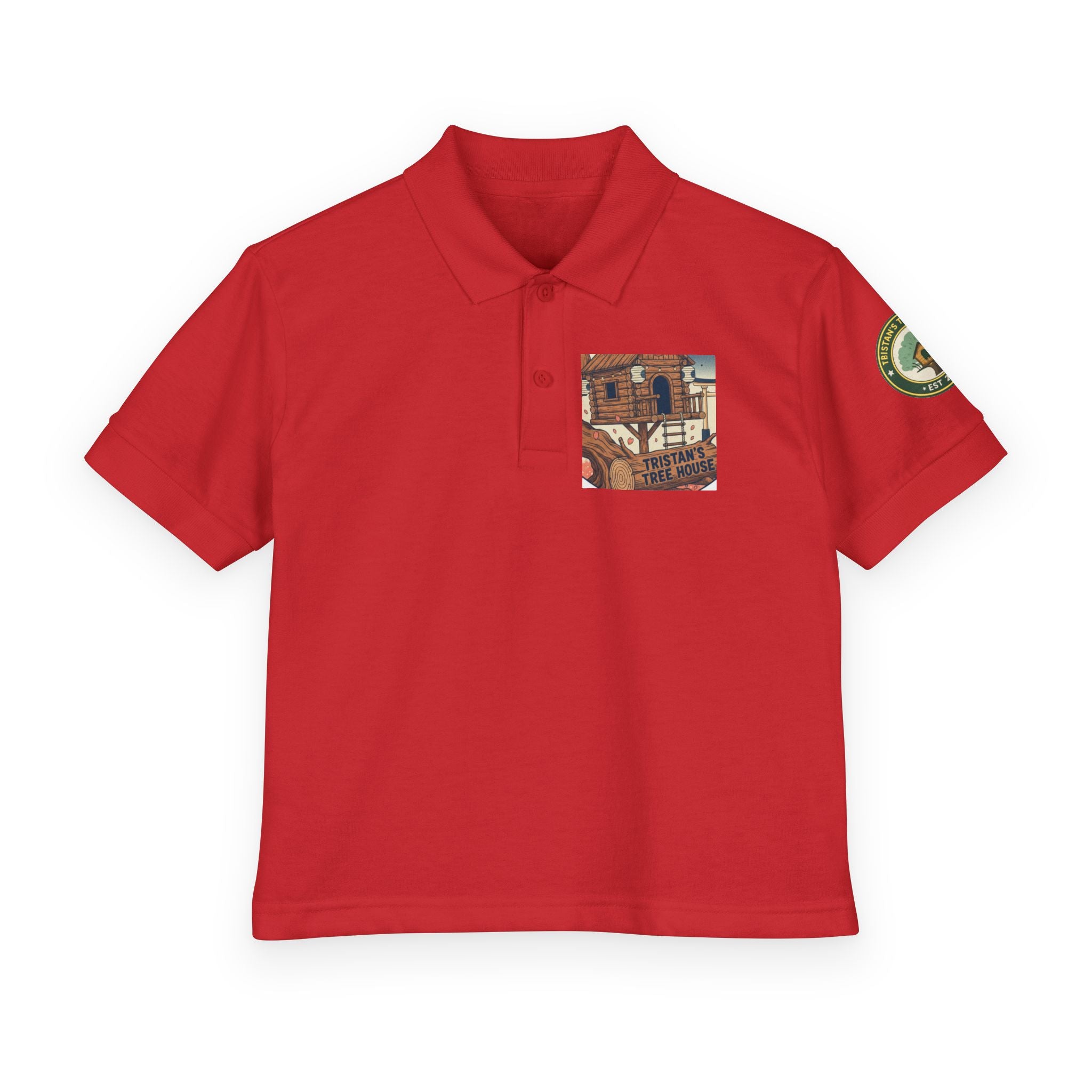 Youth Polo Shirt with Vintage Ski Lodge Pocket & Patch — Kids Outdoor/Resort Style