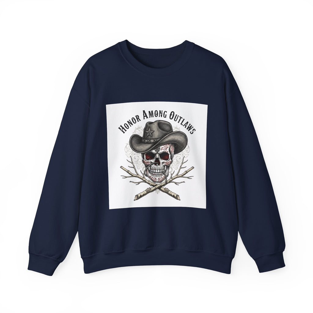 Honor Among Outlaws Crewneck, western skull art | gothic Americana, desert noir design