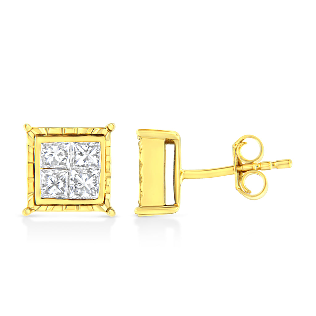 14K Yellow Gold 1.0 Cttw Invisible Set Princess-Cut Diamond Composite 8 Stone Stud Earrings (I-J Color, SI1-SI2 Clarity)