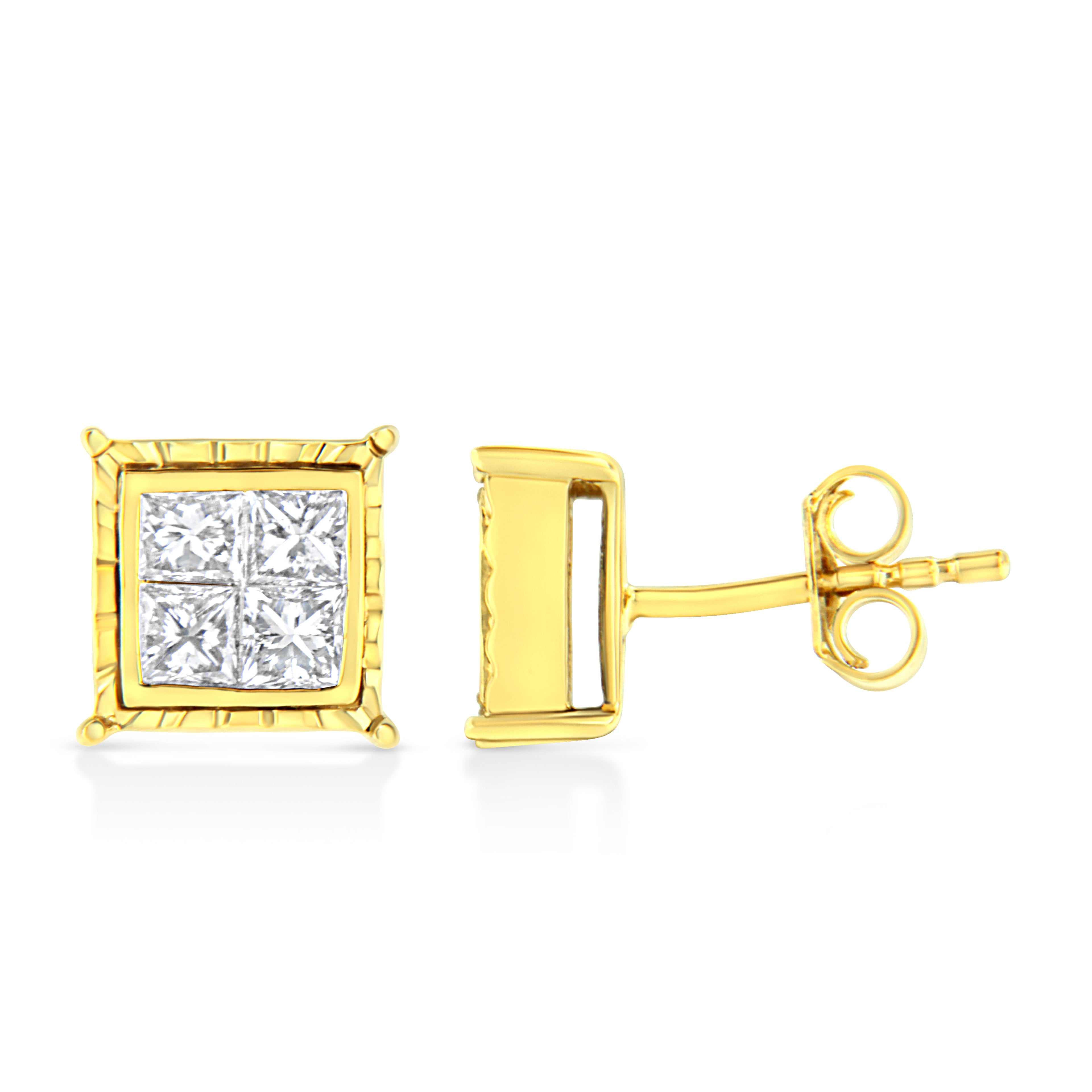 14K Yellow Gold 1.0 Cttw Invisible Set Princess-Cut Diamond Composite 8 Stone Stud Earrings (I-J Color, SI1-SI2 Clarity)
