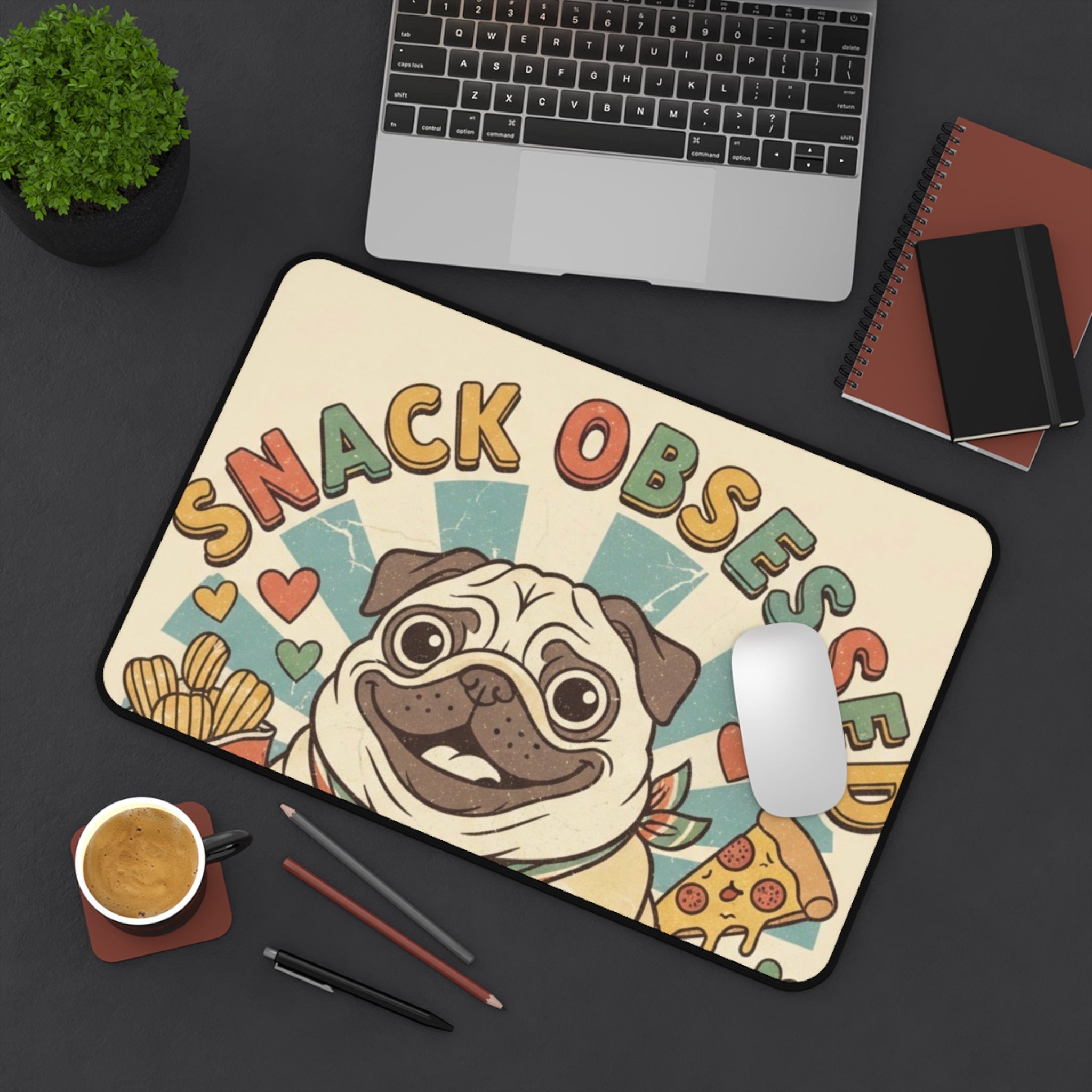 Snack Obsessed Pug Desk Mat — Cute Food Lover Mouse Pad