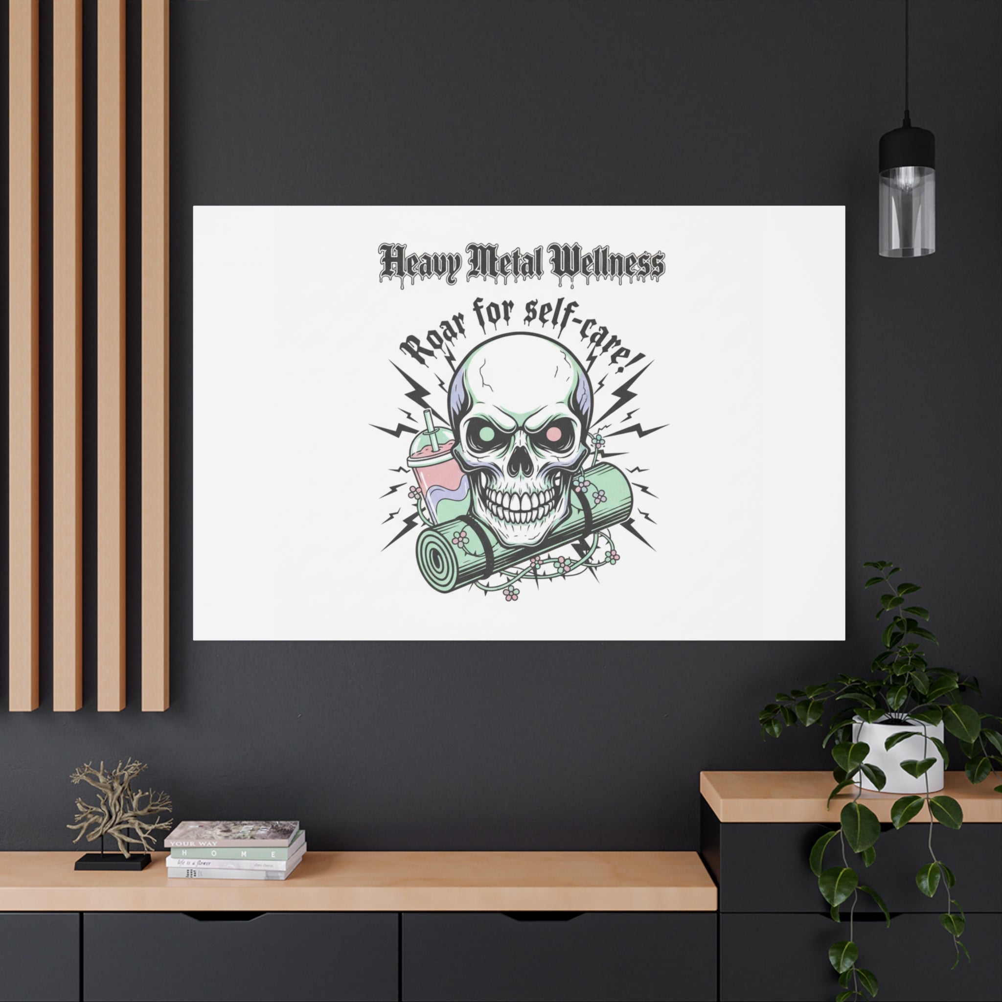 Roar for Self-Care Skull Canvas | heavy metal wellness, gothic wellness quote