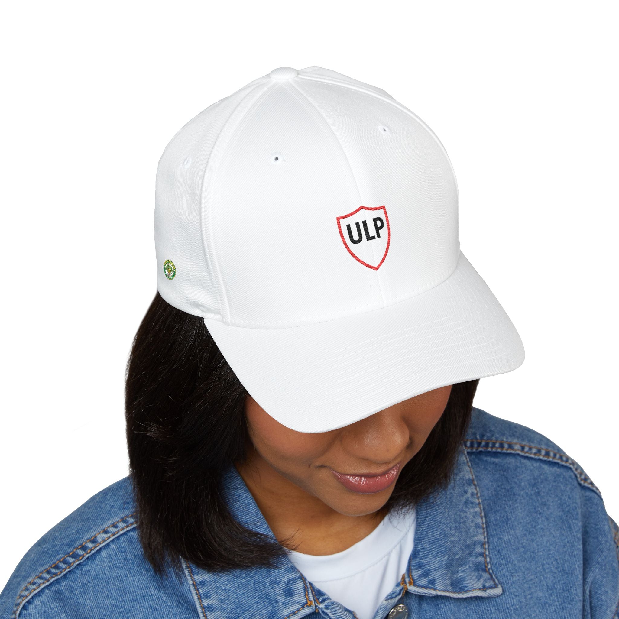 Embroidered 'ULP' Shield Cap — White Structured Baseball Hat