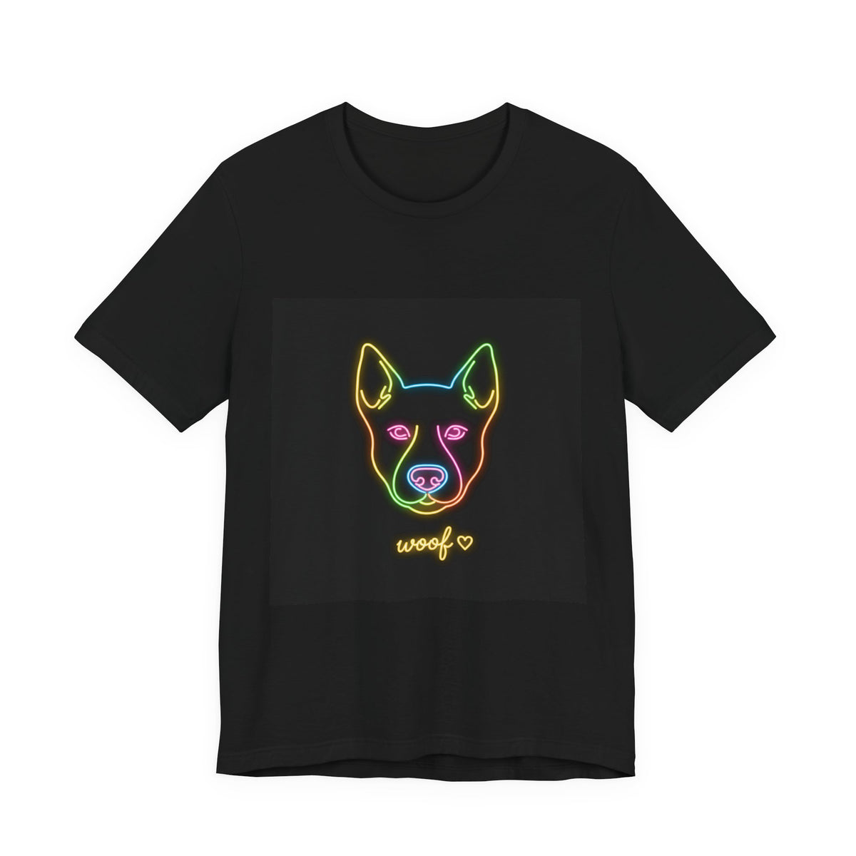 Neon Dog Face Tee — "Woof" Graphic T-Shirt