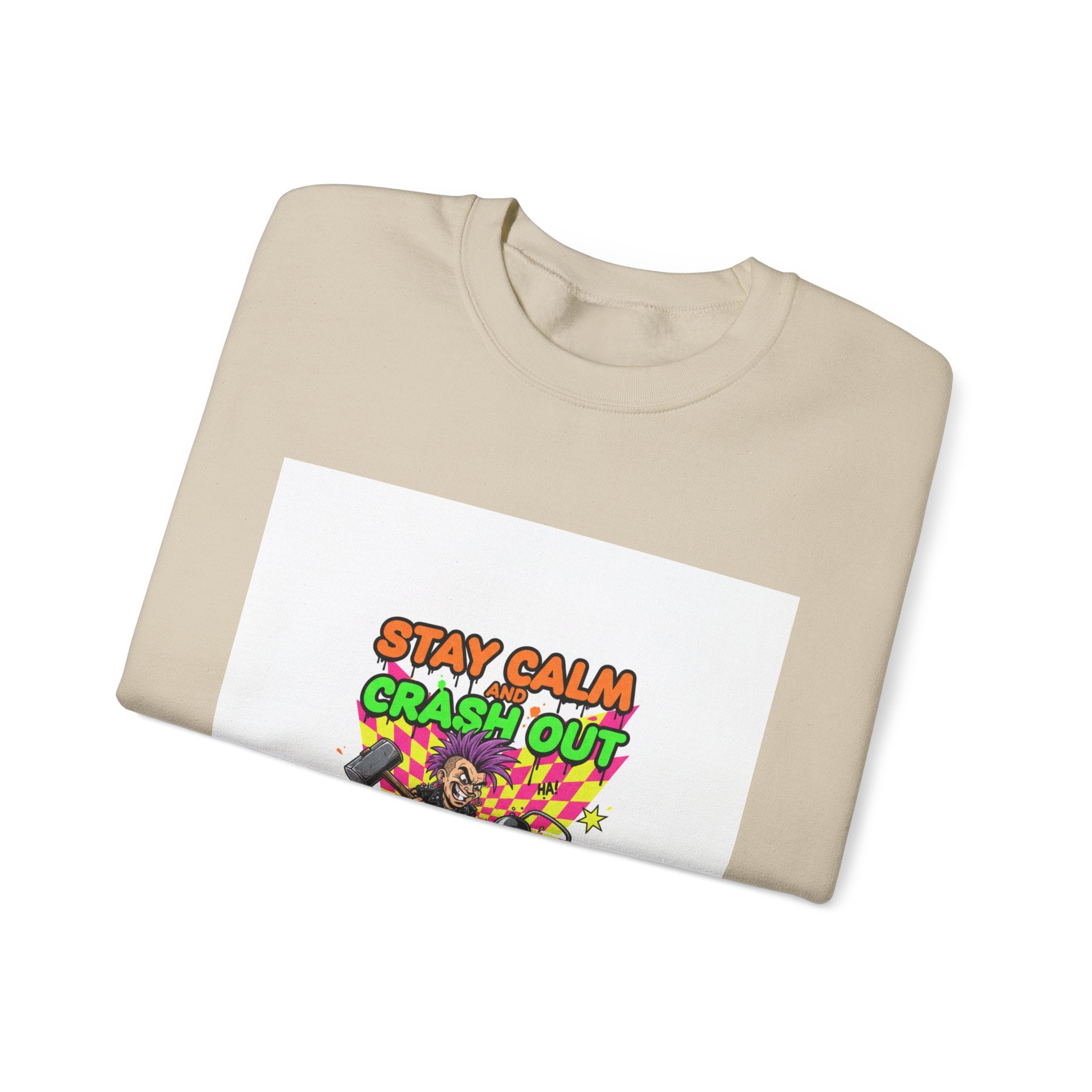 Stay Calm Crash Out Crewneck Sweatshirt | neon graffiti, meltdown design