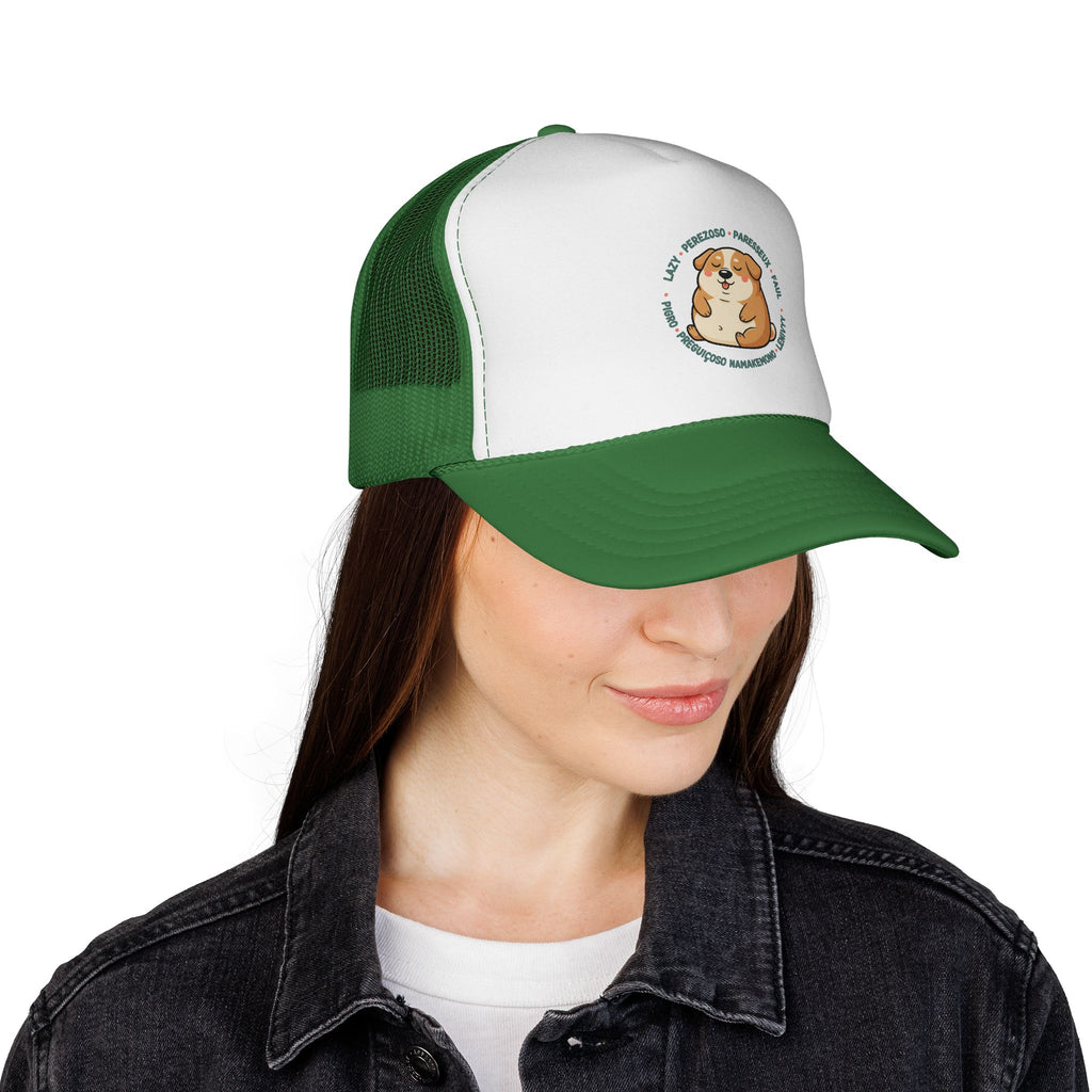 Funny Dog Meme Trucker Cap — "Fat Lazy" Multilingual Design (8 Languages)