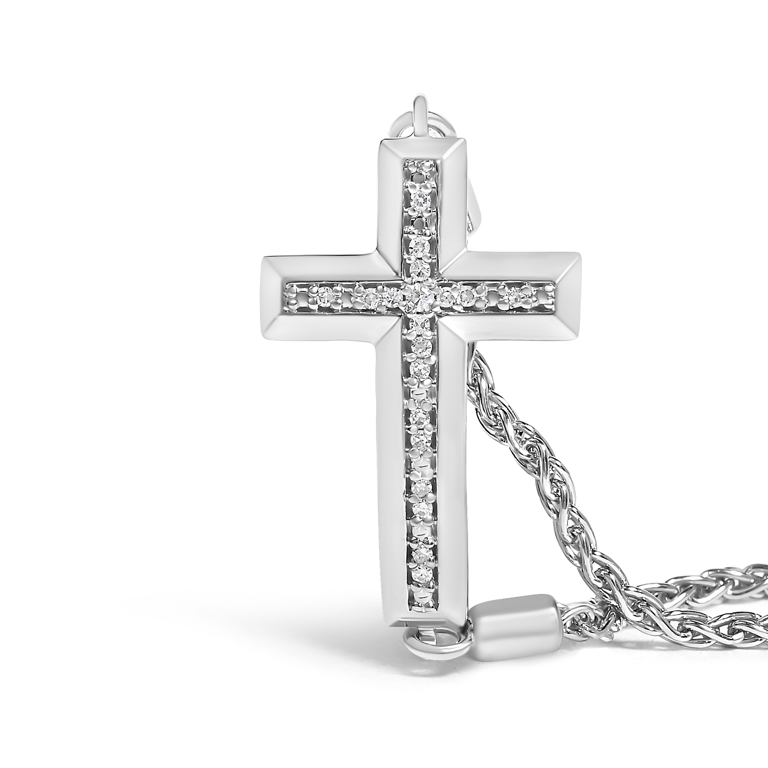.925 Sterling Silver Diamond Accent Cross Bolo Bracelet (I-J Color, I1-I2 Clarity) - 7"