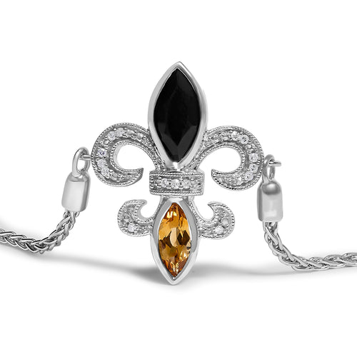 .925 Sterling Silver Marquise Black Onyx, Orange Citrine, and Diamond Accent Lariat 4â€-10â€ Fleur De Lis Adjustable Bolo Bracelet (I-J Color, I1-I2 Clarity) - 7"