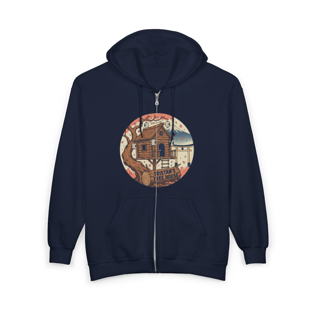 Cabin Vibes Zip Hoodie —Tristan’s Treehouse  Rustic Lakeside Circle Illustration