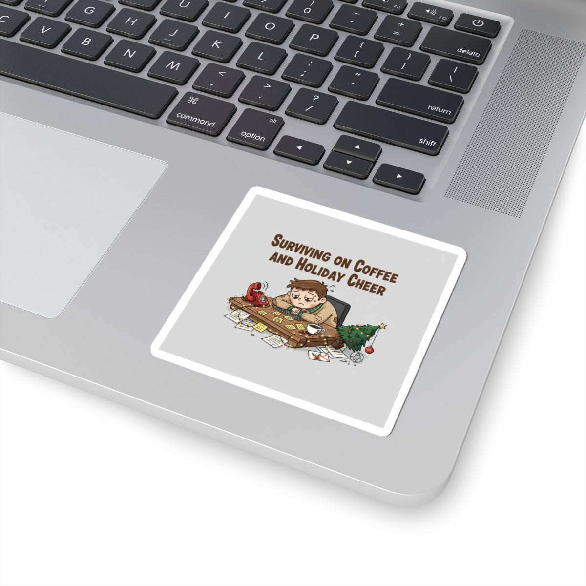 Surviving on Coffee and Holiday Cheer Sticker | Holiday Burnout Meme, festive but tired