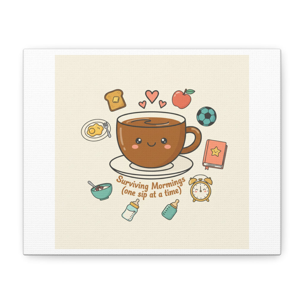 Surviving Mornings (One Sip at a Time) Canvas | Parenting Morning Humor, Coffee & Kids