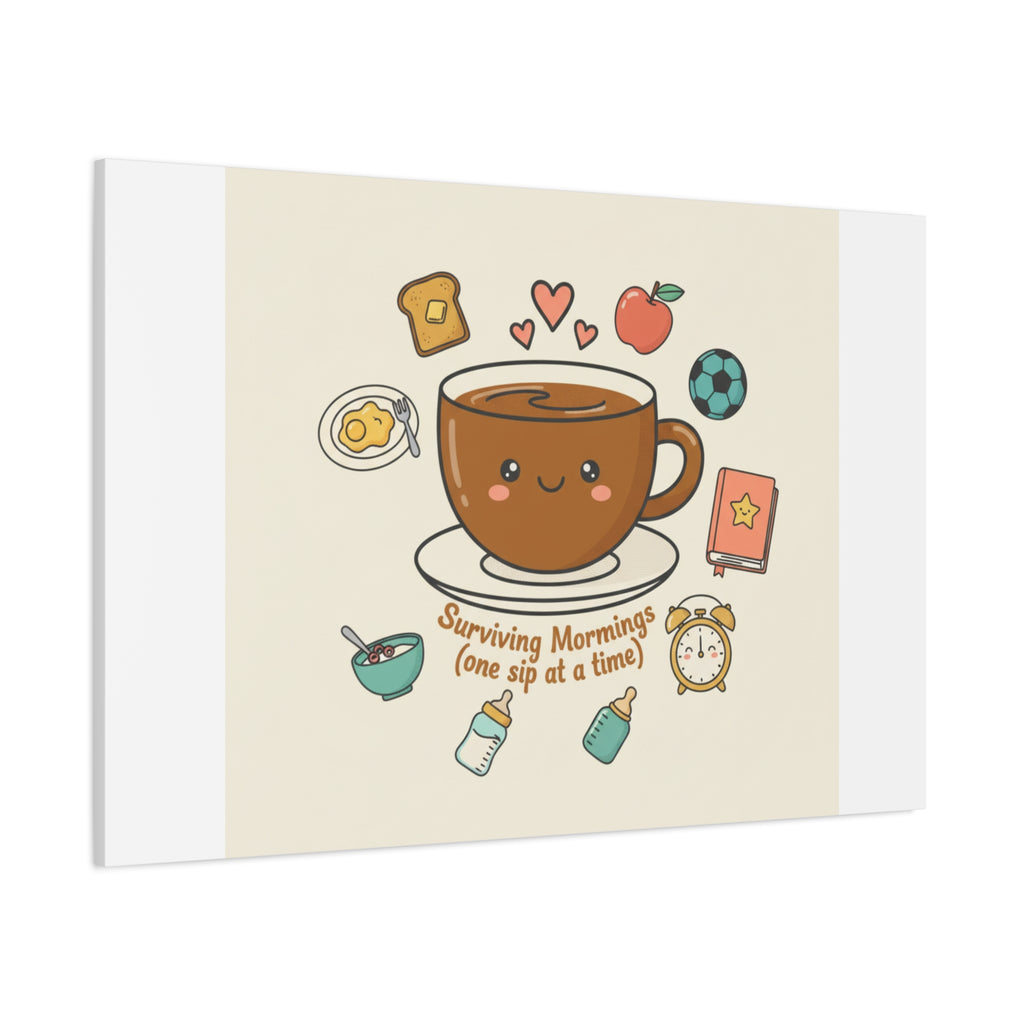 Surviving Mornings (One Sip at a Time) Canvas | Parenting Morning Humor, Coffee & Kids