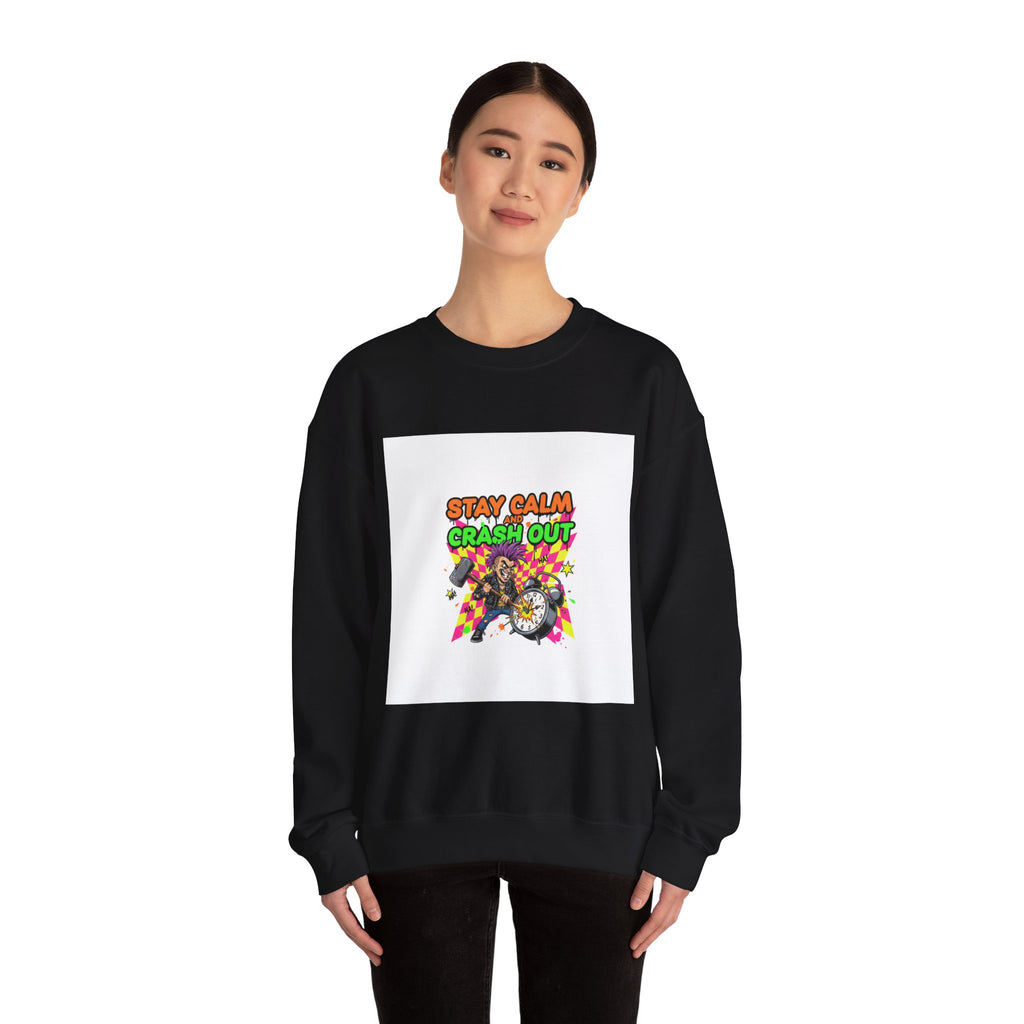 Stay Calm Crash Out Crewneck Sweatshirt | neon graffiti, meltdown design