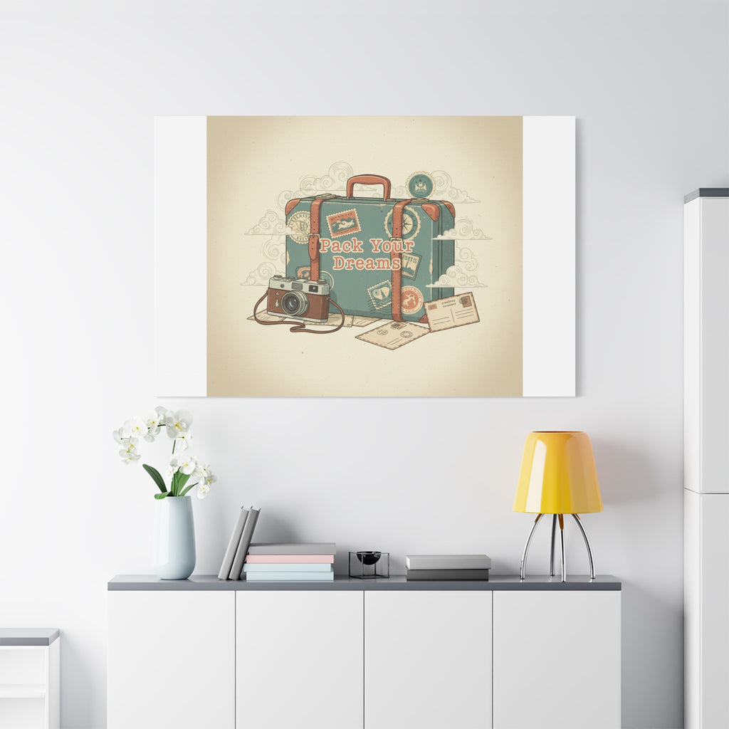 Pack Your Dreams Canvas | Retro Travel Postcard, Wanderlust Passport Stamp Art
