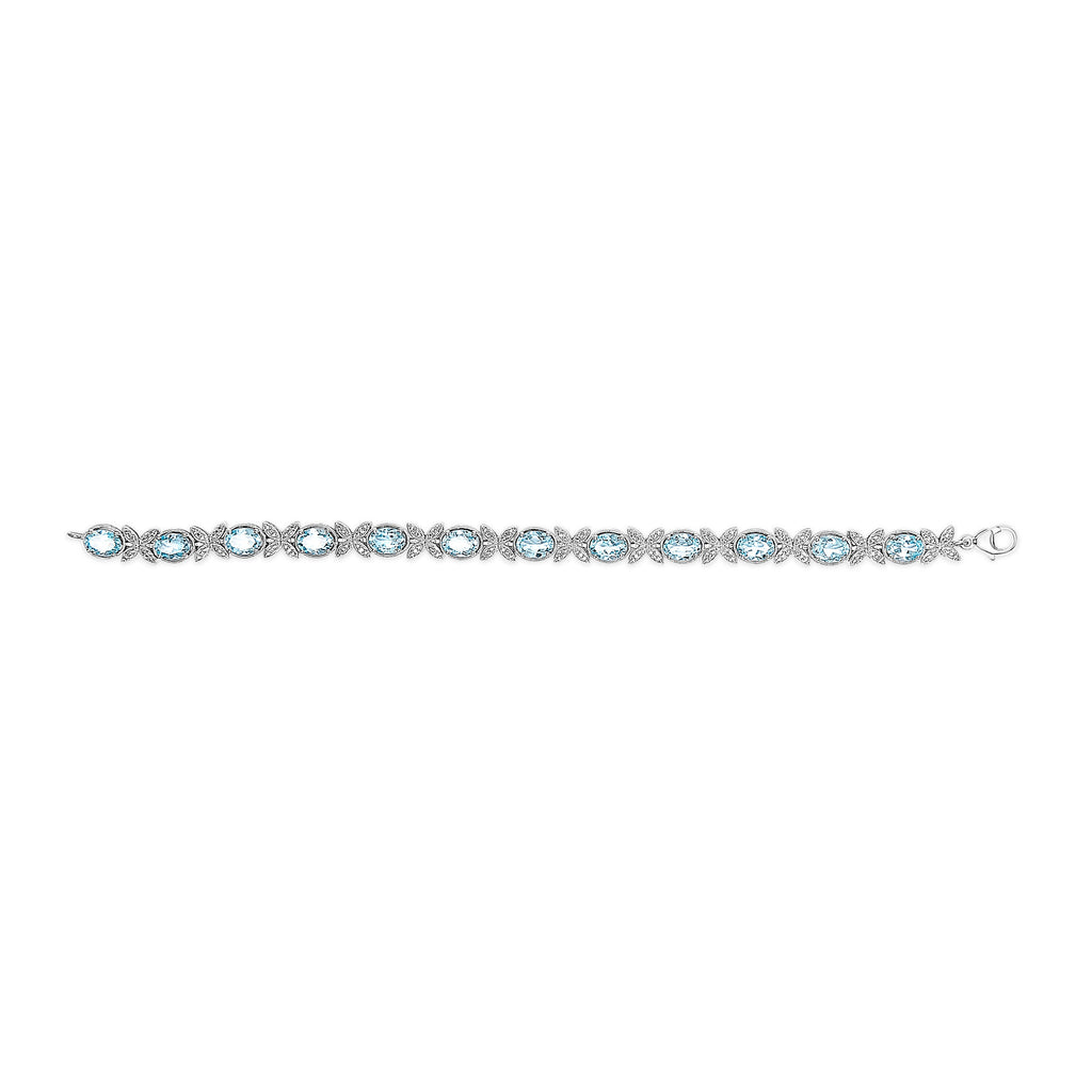 .925 Sterling Silver Oval Blue Topaz Diamond Butterfly Link Bracelet (I-J Color, I1-I2 Clarity) - Size 7" Inches