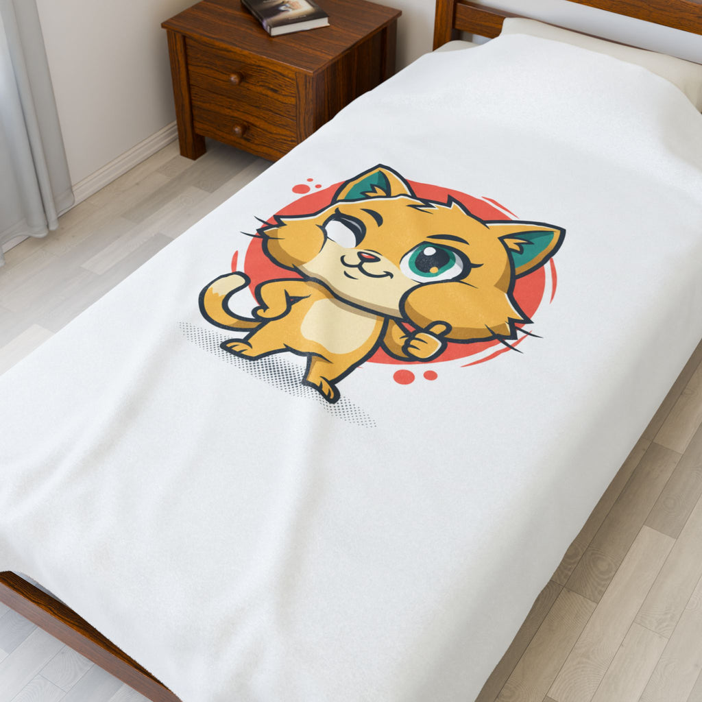 Cute Cheeky Cat Illustration Velveteen Plush Blanket | Rodent-Core Vibe