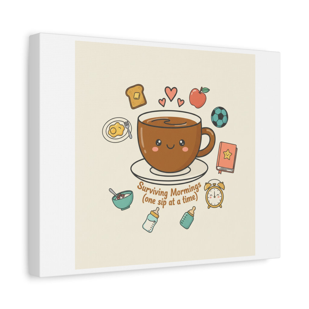Surviving Mornings (One Sip at a Time) Canvas | Parenting Morning Humor, Coffee & Kids