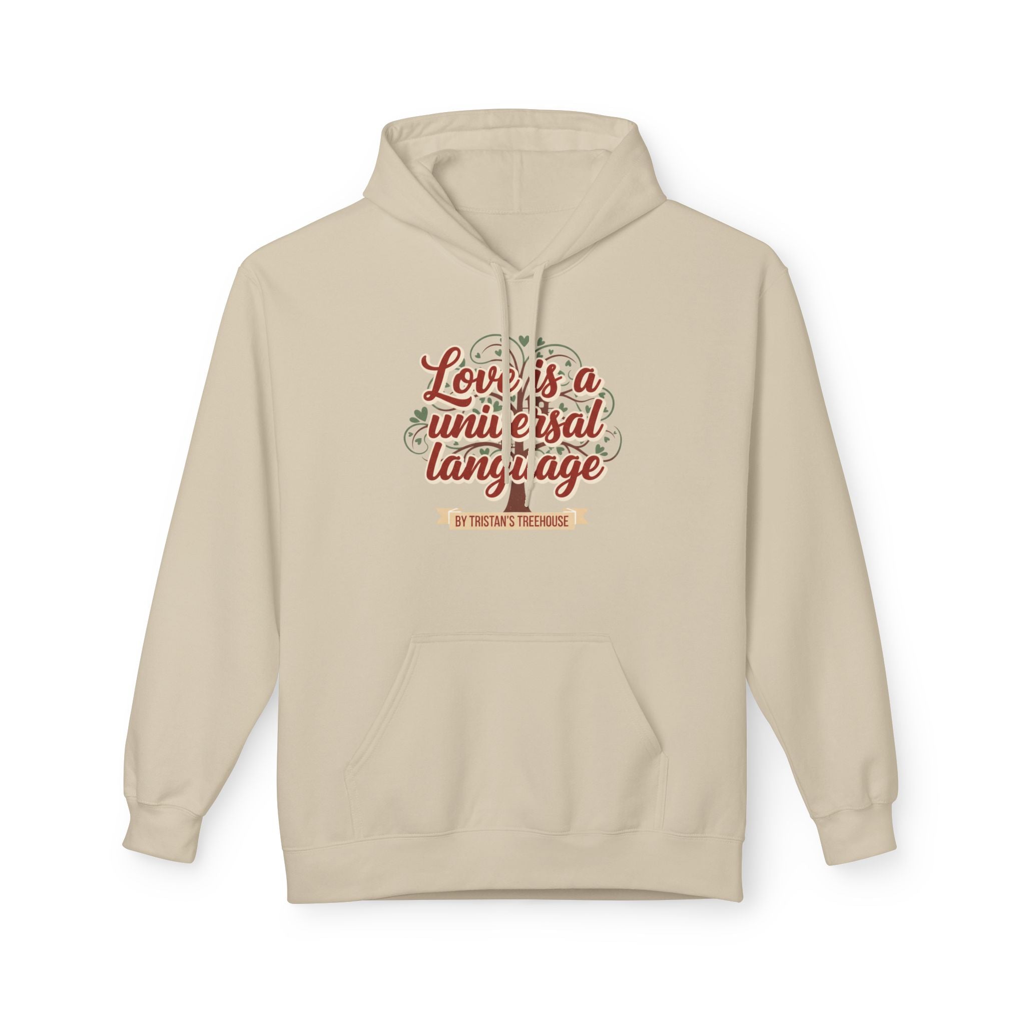 Hoodie — “Love is a Universal Language” Cozy Retro Cabin Graphic Hoodie