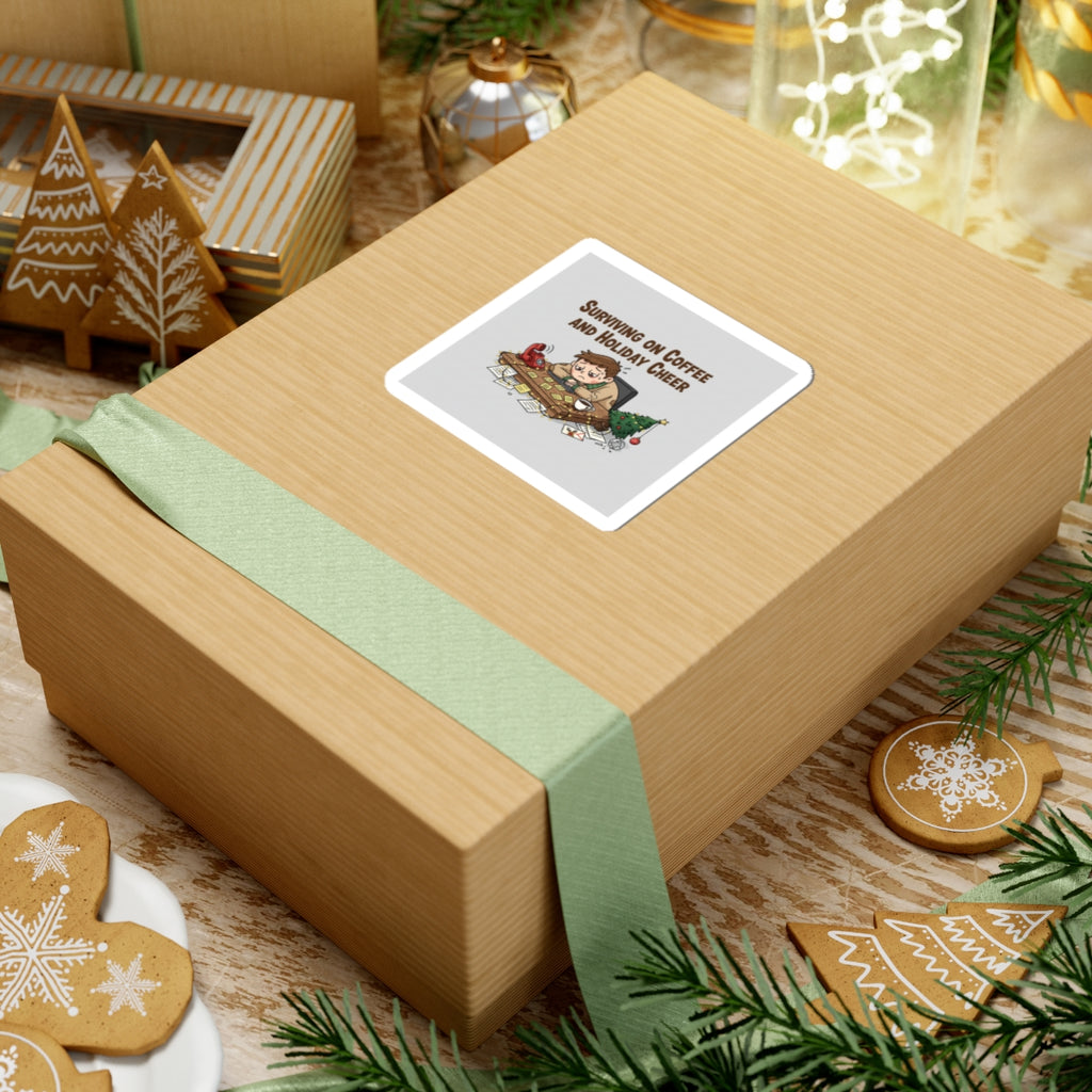 Surviving on Coffee and Holiday Cheer Sticker | Holiday Burnout Meme, festive but tired