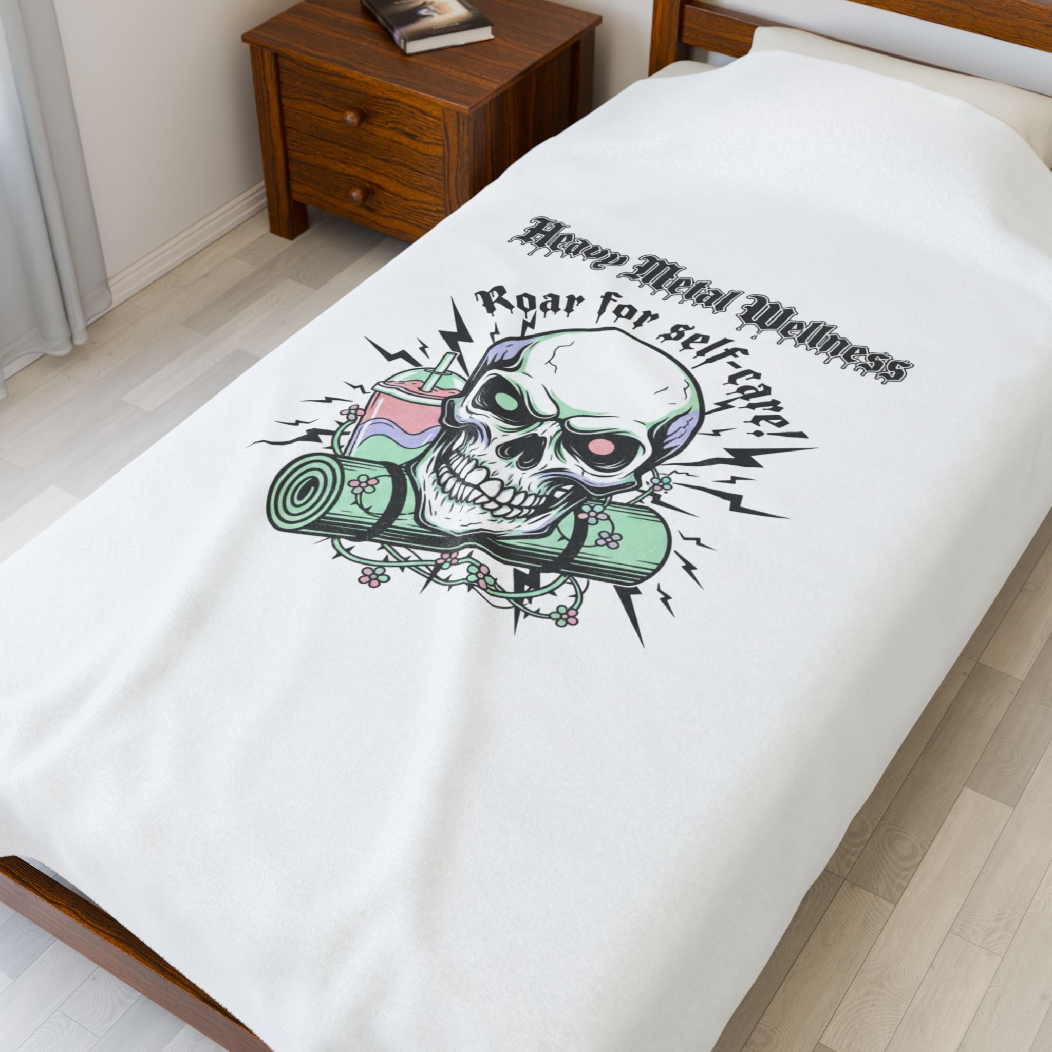 Heavy Metal Wellness Skull Self-Care Blanket | gothic wellness quote