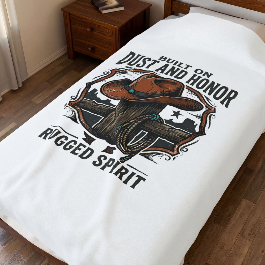 Built on Dust and Honor Velveteen Blanket | Western cowboy, rugged spirit, vintage Americana