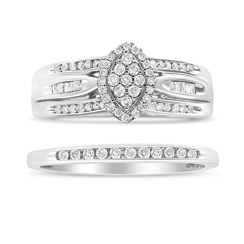 .925 Sterling Silver 1/2 Cttw Round and Baguette-Cut Diamond Engagement Bridal Set (I-J Color, I1-I2 Clarity) - Size 7