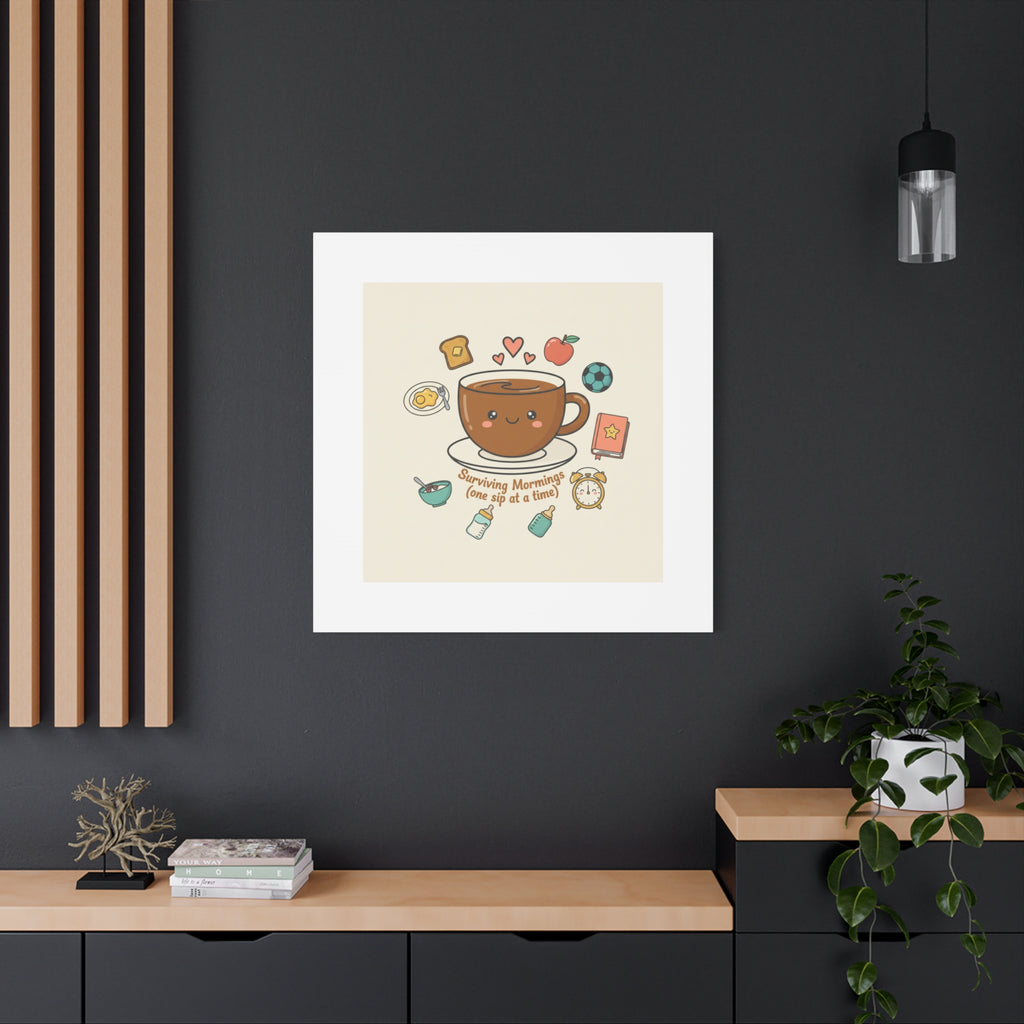 Surviving Mornings (One Sip at a Time) Canvas | Parenting Morning Humor, Coffee & Kids