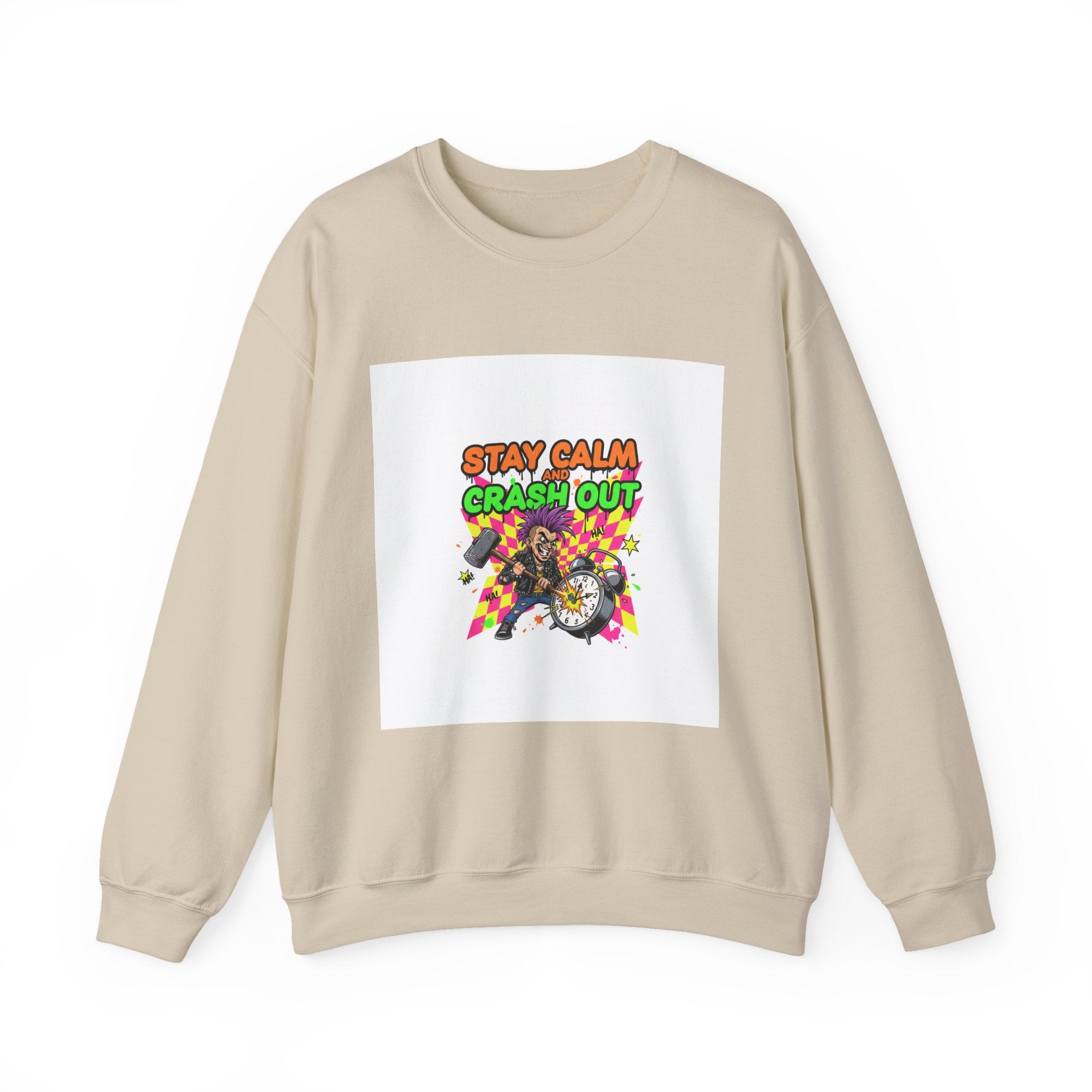 Stay Calm Crash Out Crewneck Sweatshirt | neon graffiti, meltdown design