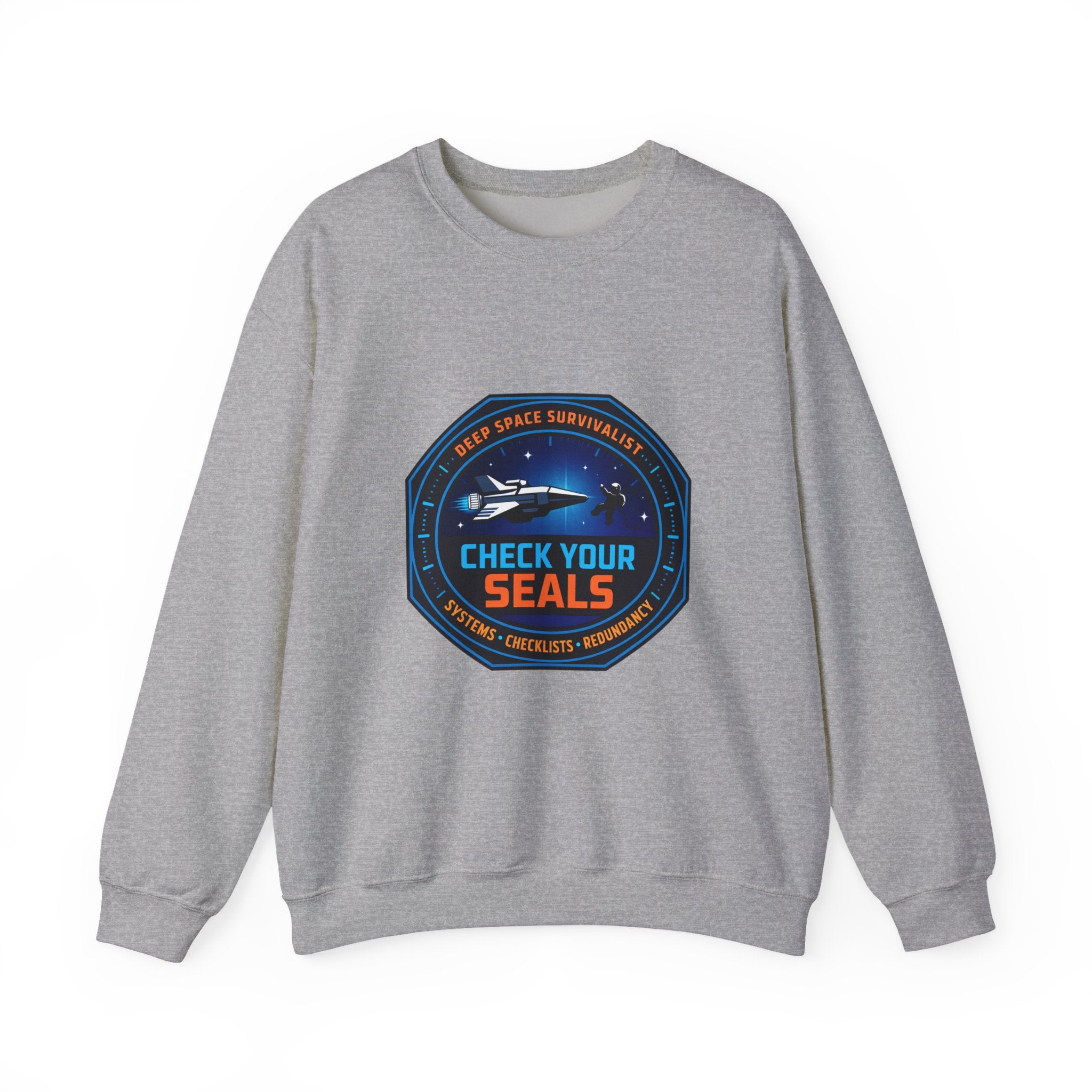 Check Your Seals Mission Patch Crewneck, hard sci‑fi space survival, mission patch sweatshirt