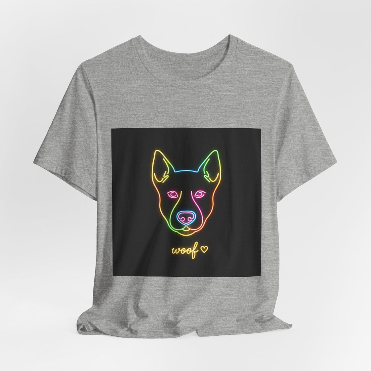 Neon Dog Face Tee — "Woof" Graphic T-Shirt