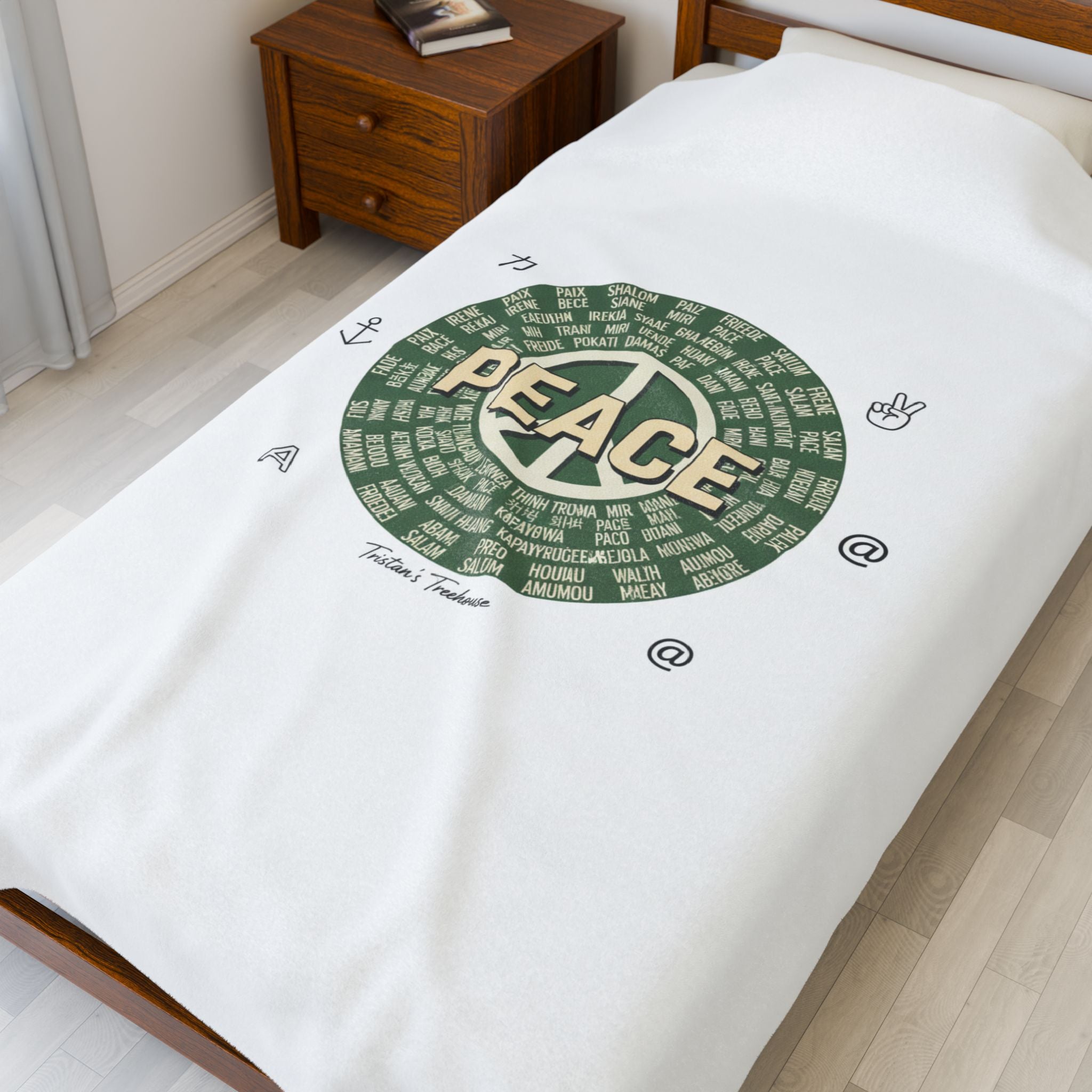 Handwritten Peace Doodle Velveteen Plush Blanket | Sketch Aesthetic, Cozy Pastel