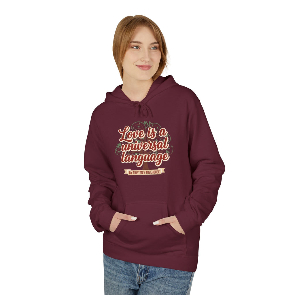 Hoodie — “Love is a Universal Language” Cozy Retro Cabin Graphic Hoodie