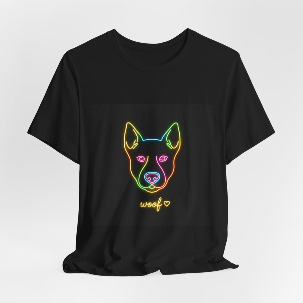 Neon Dog Face Tee — "Woof" Graphic T-Shirt