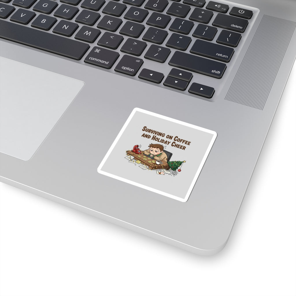 Surviving on Coffee and Holiday Cheer Sticker | Holiday Burnout Meme, festive but tired