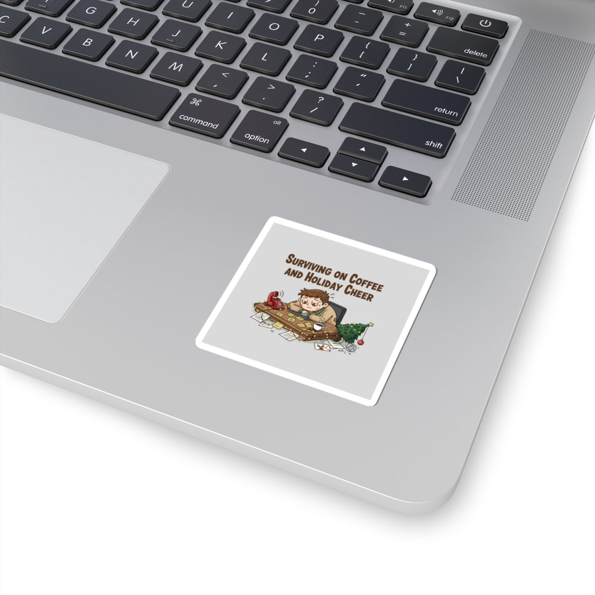 Surviving on Coffee and Holiday Cheer Sticker | Holiday Burnout Meme, festive but tired