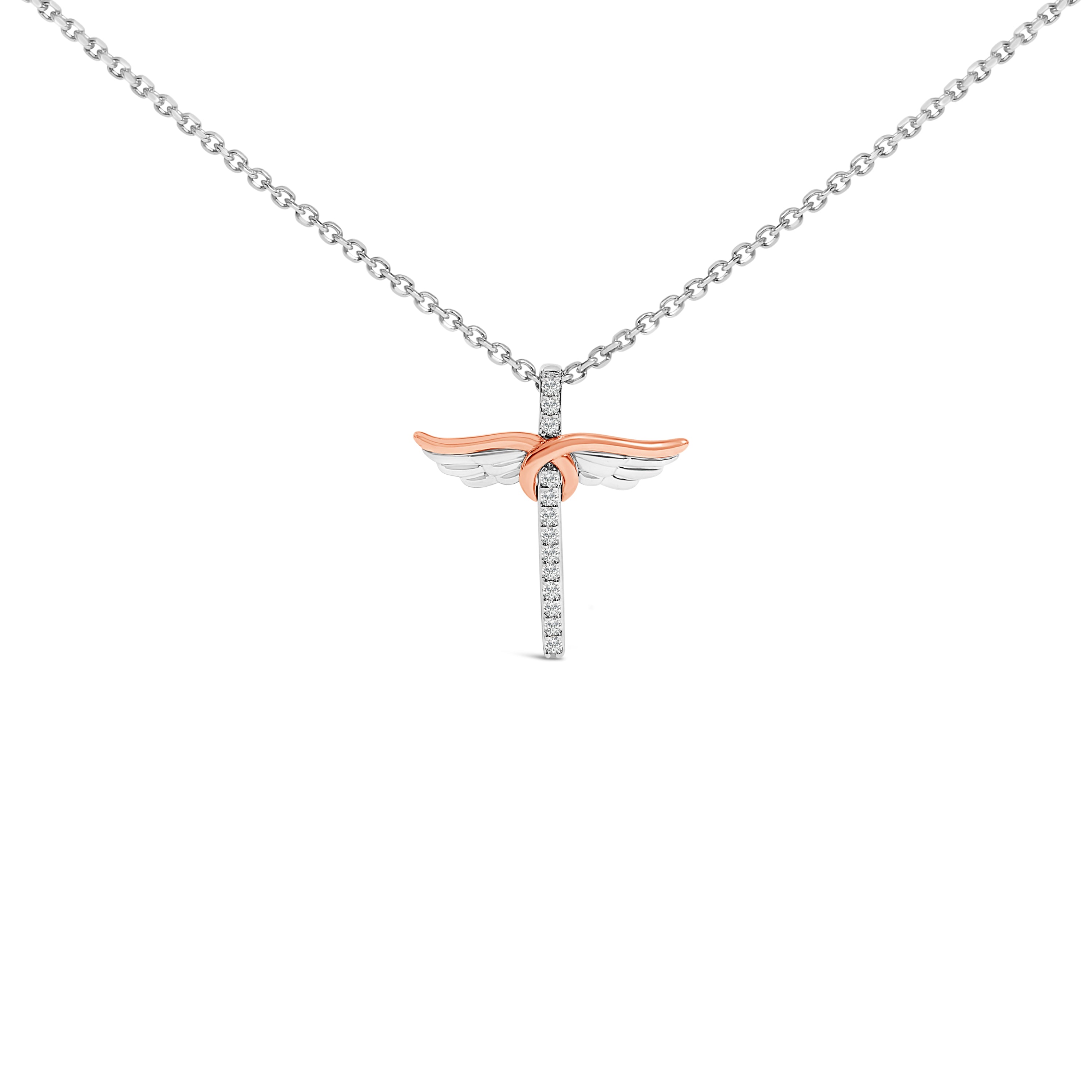 14K Rose Gold Plated Sterling Silver 1/5 Cttw Diamond Wing Cross Pendant Necklace