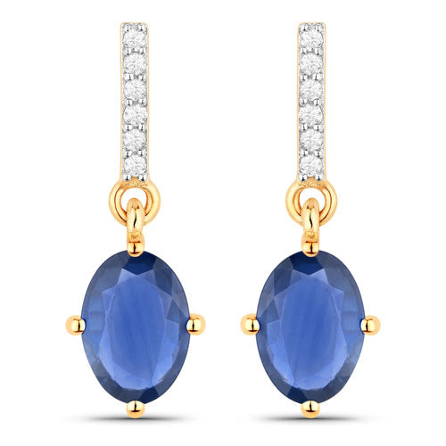 1.95 Carat Genuine Blue Sapphire and White Diamond 14K Yellow Gold Earrings
