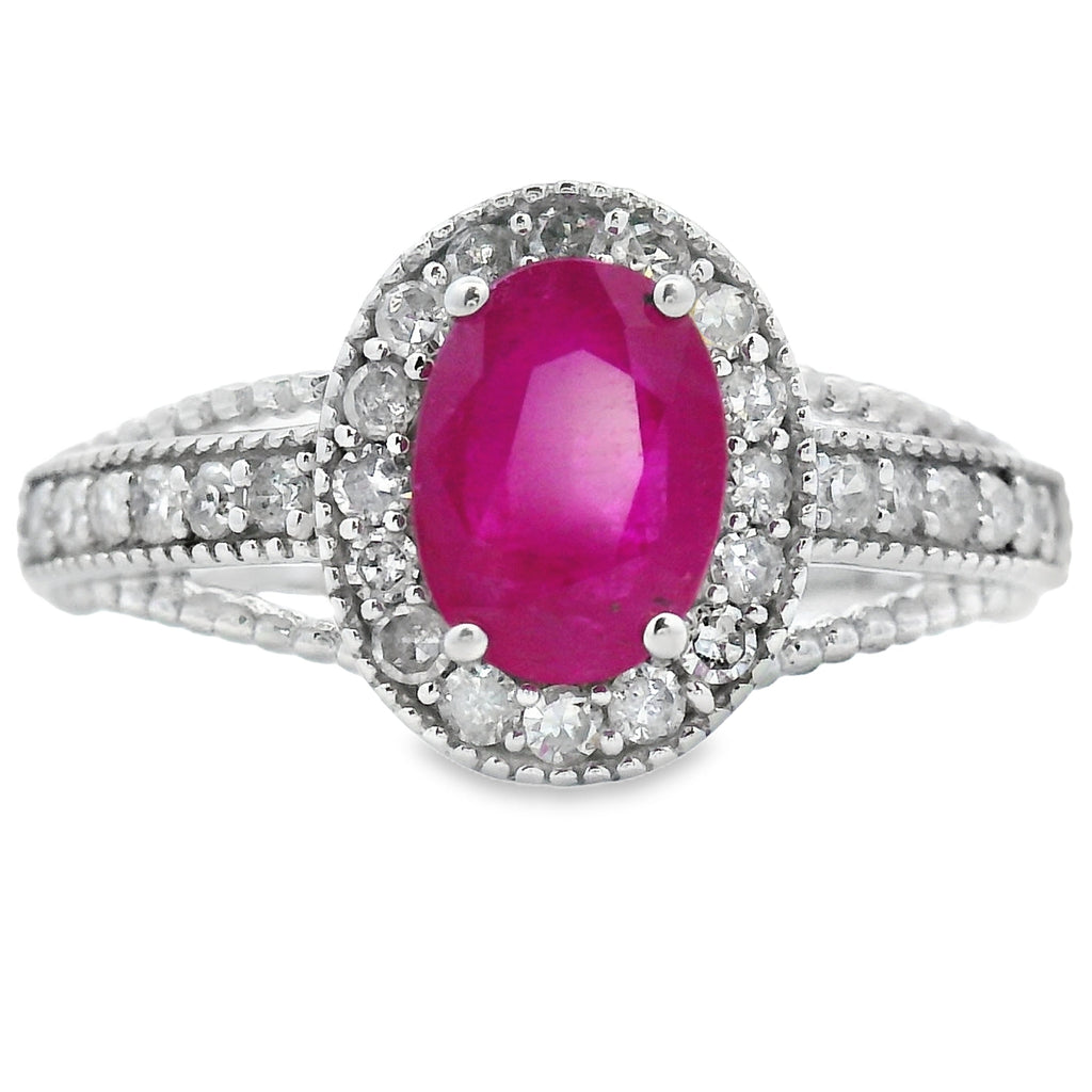 Genuine 1.35ct Ruby Diamond Ring 14KT White Gold