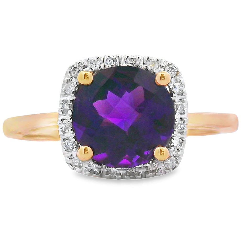 Genuine 1.34ct Amethyst Diamond Ring 10KT Yellow Gold
