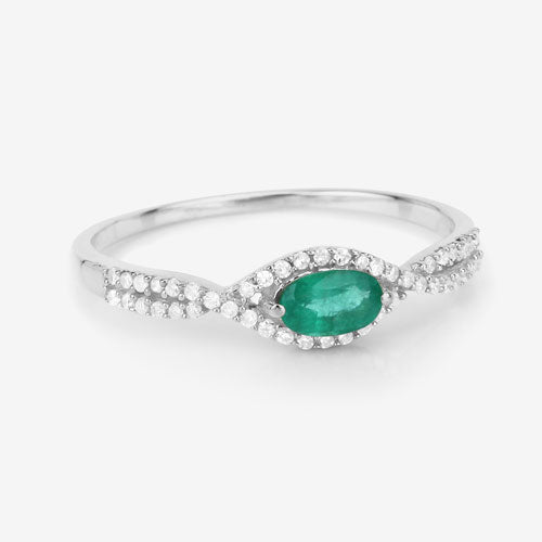 0.32 Carat Genuine Zambian Emerald and White Diamond 14K White Gold Ring